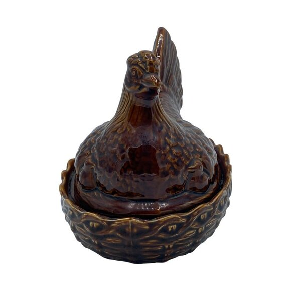 Vintage Portmeirion (?) Ceramic Hen on Nest w/2 Chicks Size 3-Medium MCM Brown - Picture 3 of 13